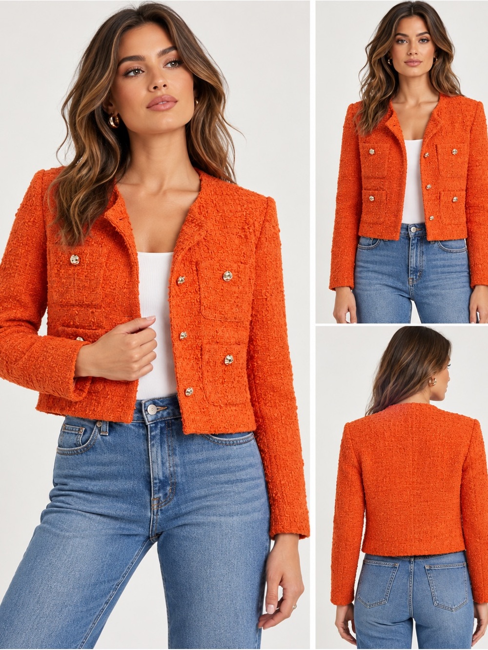 Rachel Zoe Orange Tweed Bouclé Cropped Blazer Jacket XS